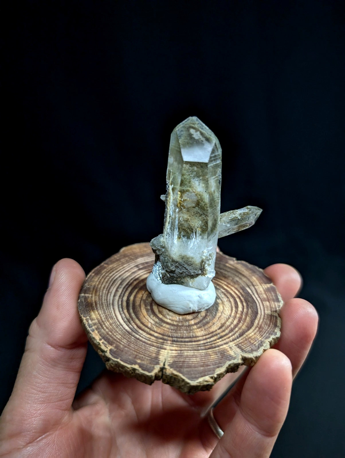A translucent green quartz crystal cluster with a pointed tip, mounted on a circular wooden slice base.