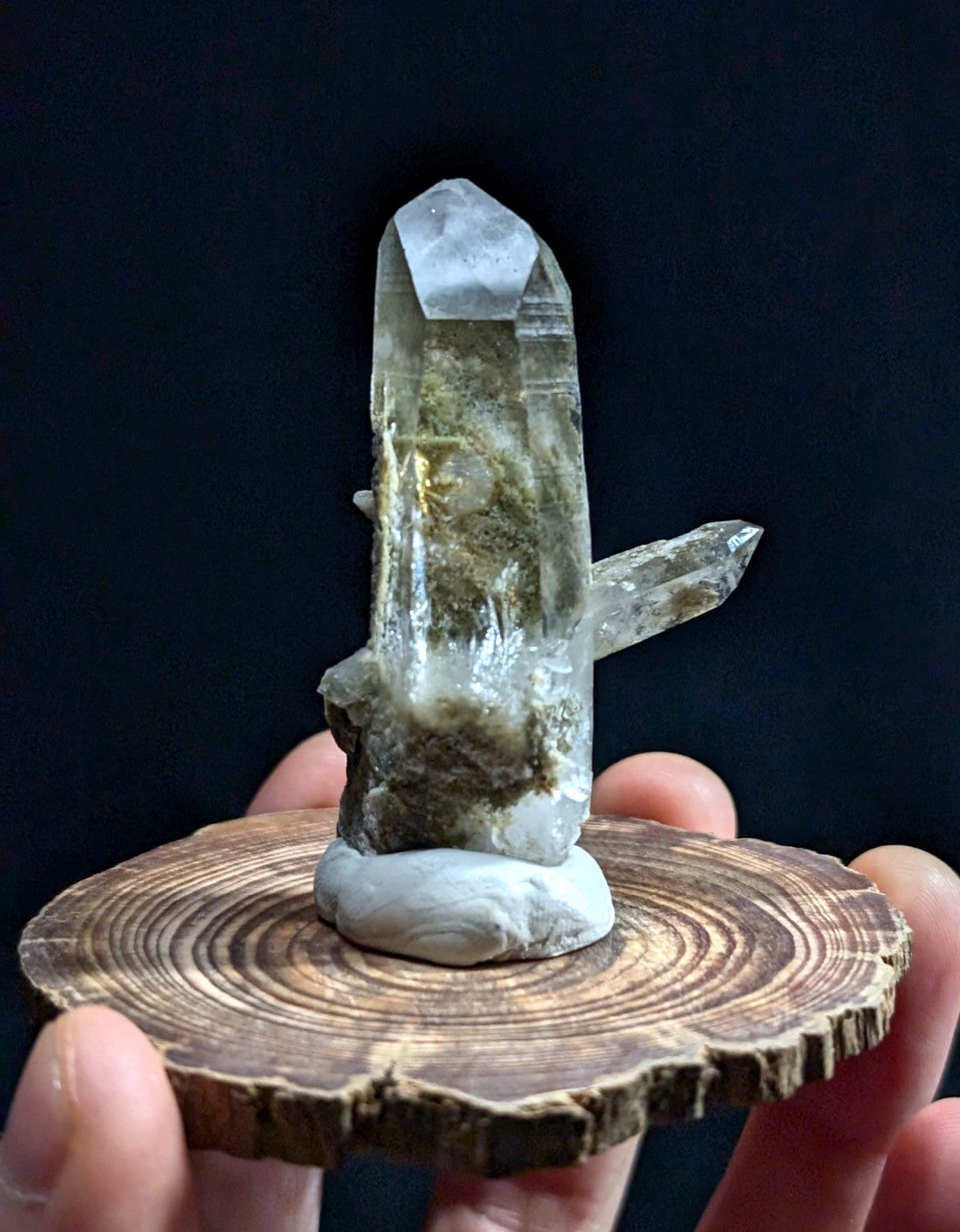 A translucent, pale greenish quartz crystal cluster with a prominent central point and smaller side branches rests on a circular wooden slice.