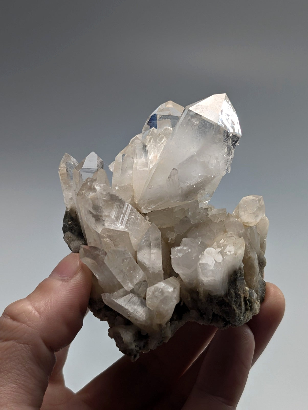 A cluster of clear, translucent quartz crystals with sharp facets and a slightly cloudy base.