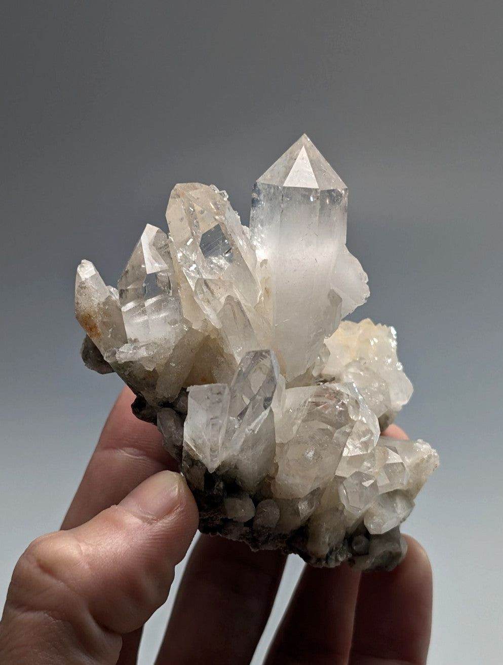 A cluster of clear, translucent quartz crystals with sharp geometric facets and a few amber-tinted specimens nestled atop a dark mineral base.
