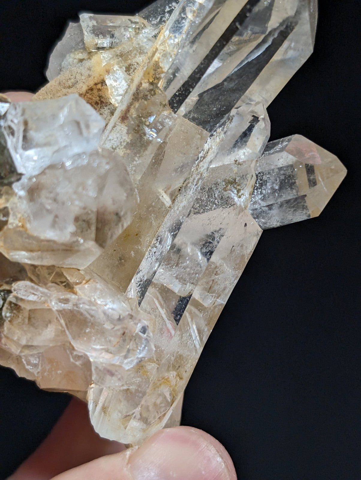 A cluster of clear, translucent quartz crystals with natural golden inclusions and sharp geometric facets.