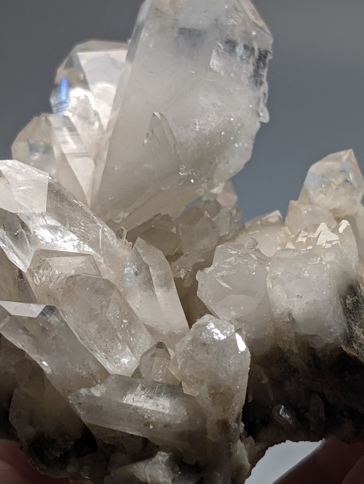 A cluster of clear, translucent quartz crystals with sharp geometric facets and a natural, earthy base.