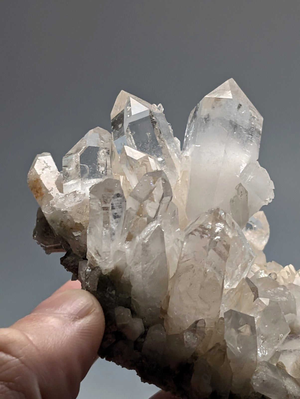 A cluster of clear, translucent quartz crystals with sharp, pointed facets and a natural base.