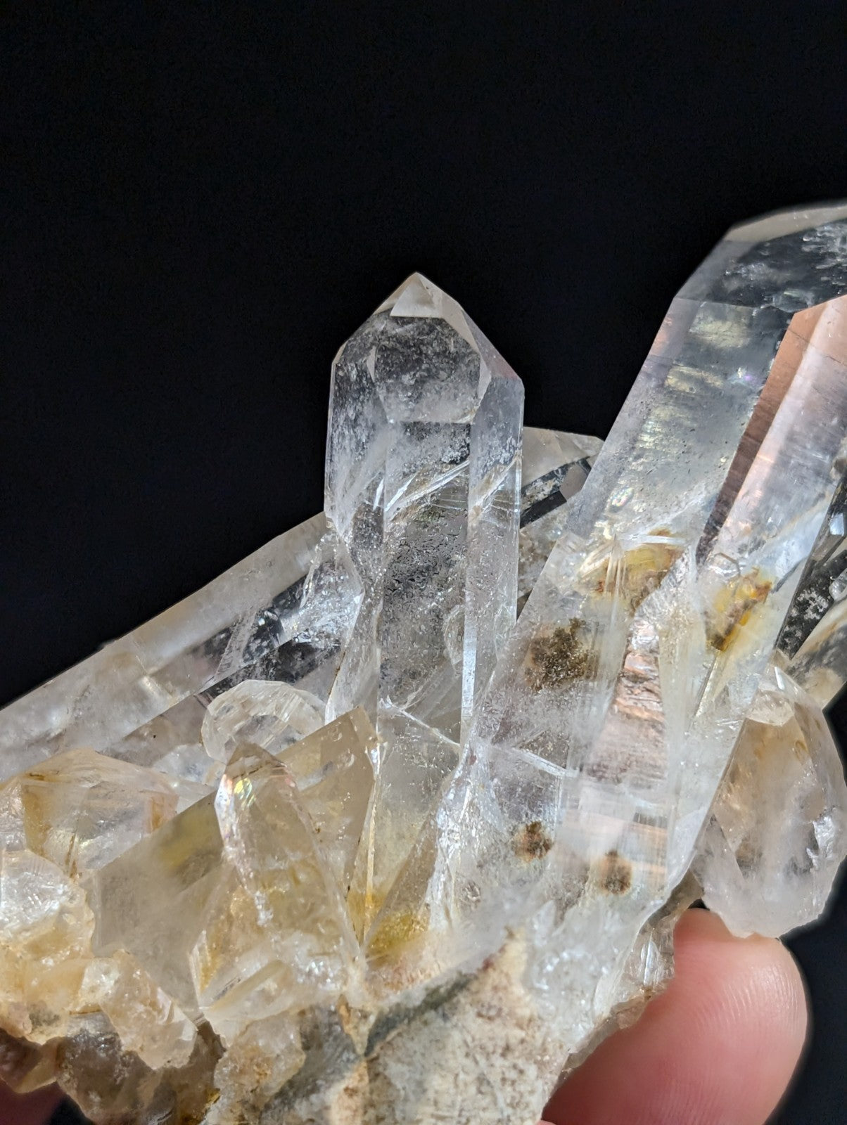 A cluster of clear quartz crystals with sharp, faceted points and subtle golden inclusions.