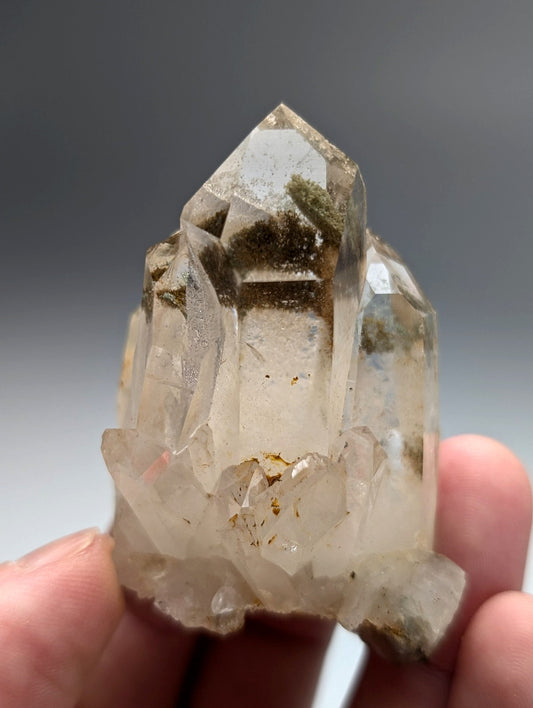 A+++ chlorite phantom clear quartz crystal cluster with natural inclusions and pointed faceted top from willis mine arkansas