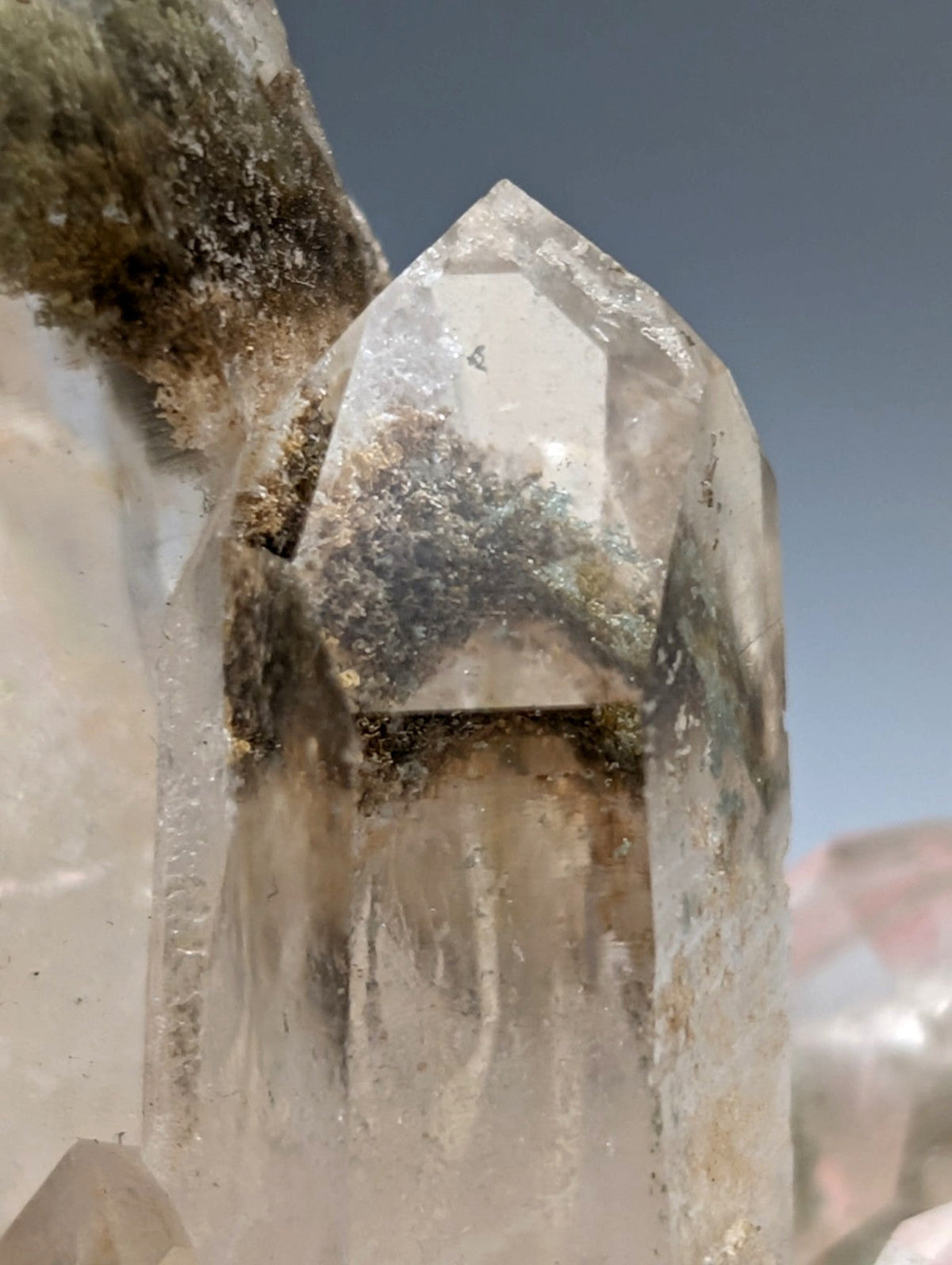 A+++ chlorite phantom quartz crystal cluster with translucent pointed faceted quartz and visible internal inclusions from willis mine arkansas