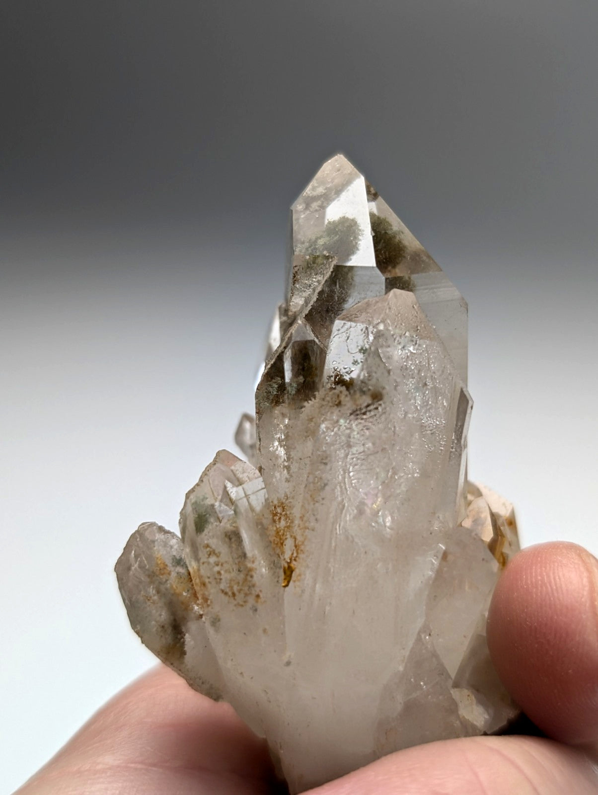 A+++ chlorite phantom quartz crystal cluster with translucent clear quartz and brownish streaks from willis mine arkansas