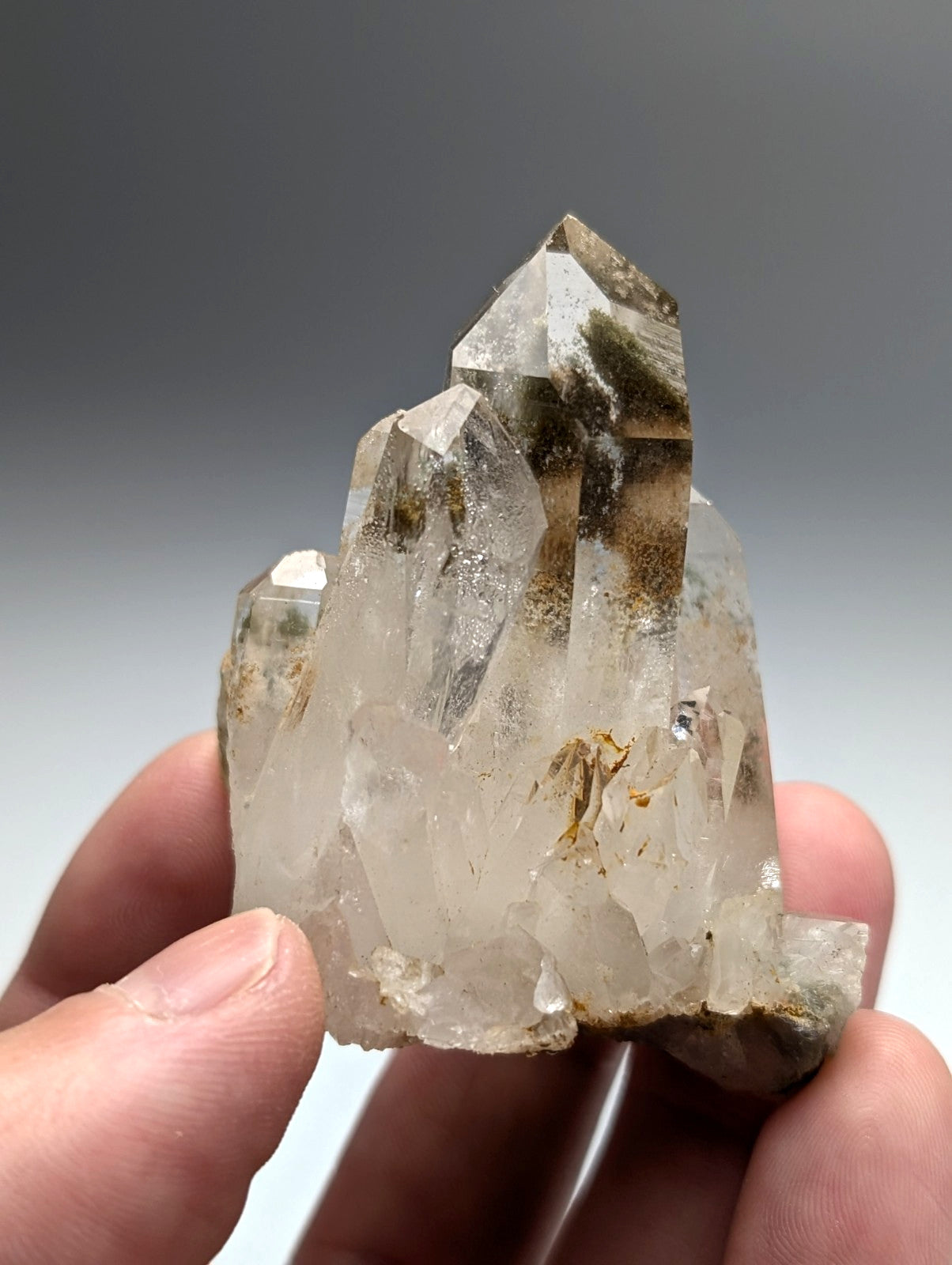 A+++ chlorite phantom quartz crystal cluster with translucent clear facets and subtle brownish inclusions from willis mine arkansas