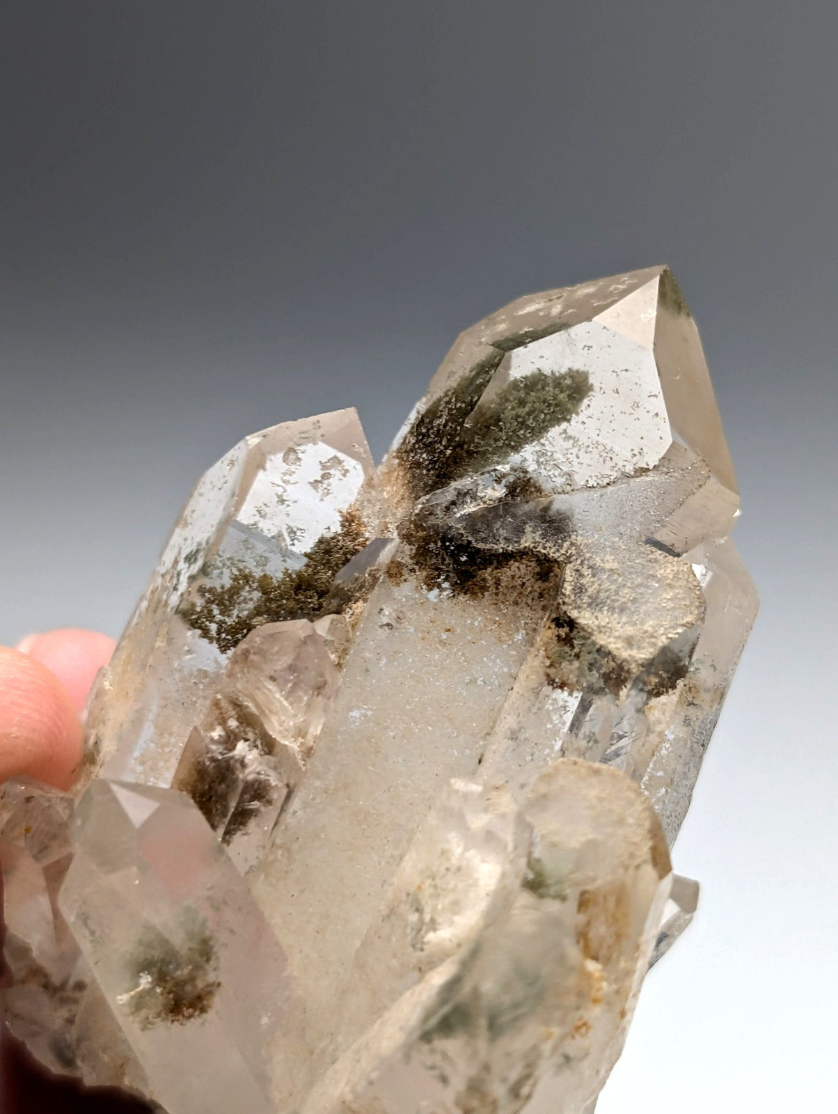 A+++ chlorite phantom quartz crystal cluster with clear faceted points and dark green inclusions from willis mine Arkansas