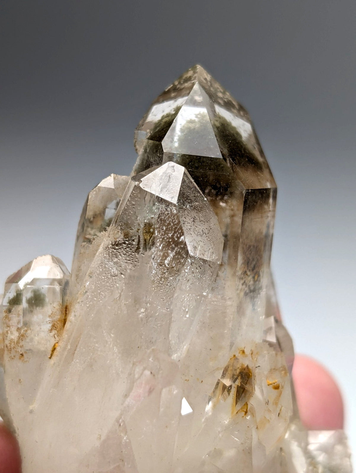 A+++ chlorite phantom quartz crystal cluster with translucent sharp points and subtle brown inclusions from willis mine arkansas