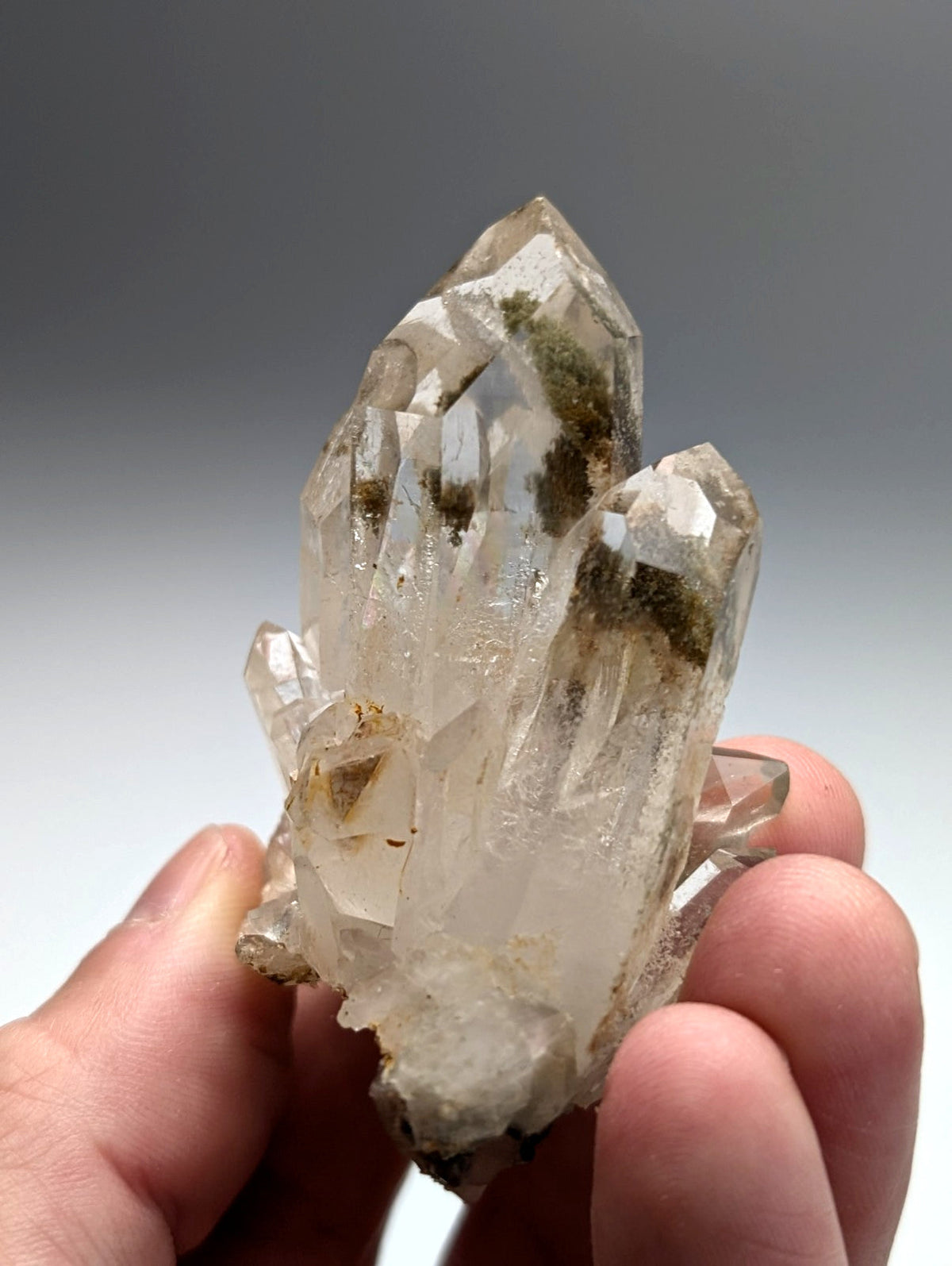 A translucent chlorite phantom quartz crystal cluster with clear faceted points and greenish inclusions from willis mine