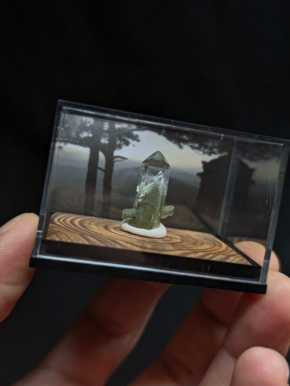 A clear, faceted green crystal specimen with a white base sits inside a transparent display case on a wooden-textured platform.