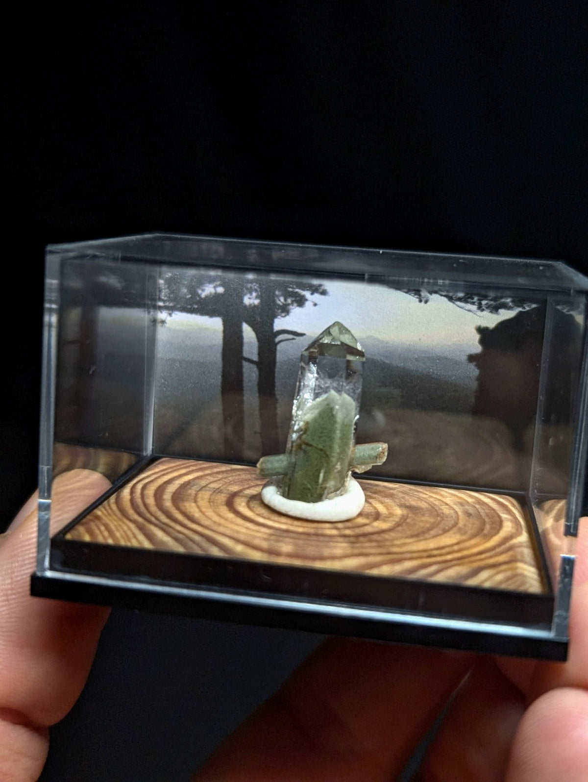 A clear quartz crystal with a greenish base sits atop a white circular pedestal within a transparent display case.