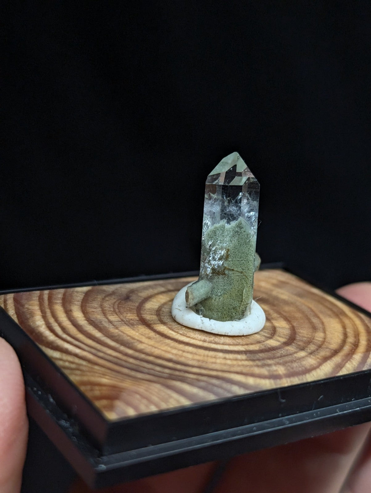 A translucent green crystal with a pointed top and visible internal inclusions, mounted on a white base within a wooden display stand.