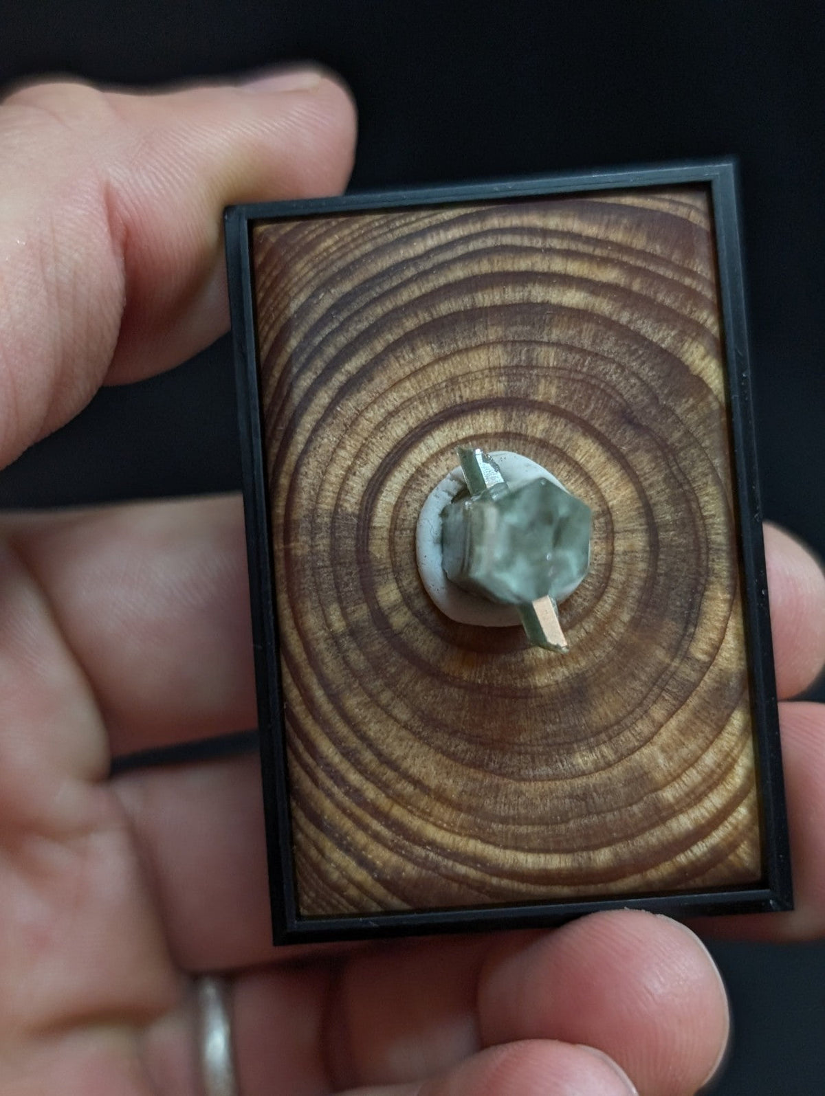 A small, rectangular wooden display frame with concentric circular grain patterns and a black border, holding a central grayish-green mineral specimen mounted on a white base.