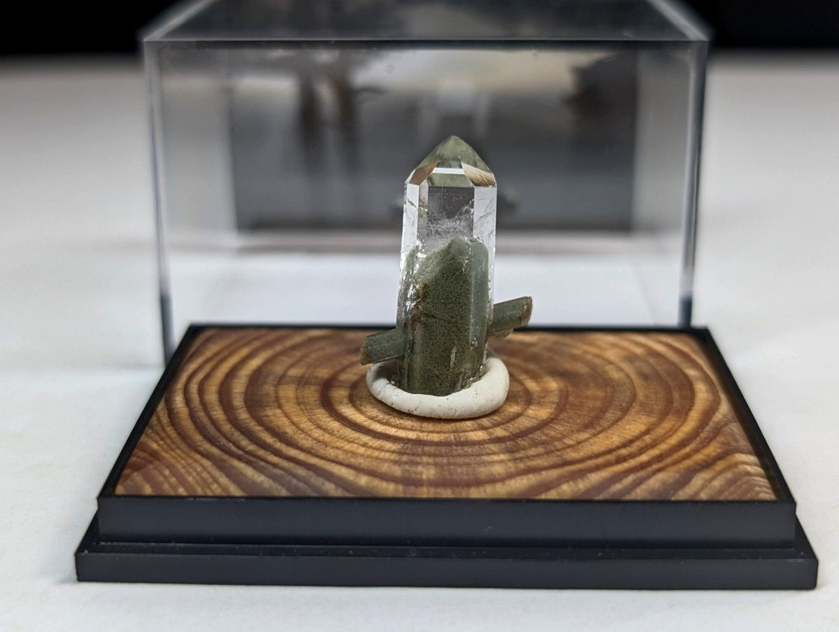 A clear quartz crystal with a green mineral base, displayed in an acrylic case on a wooden circular platform.