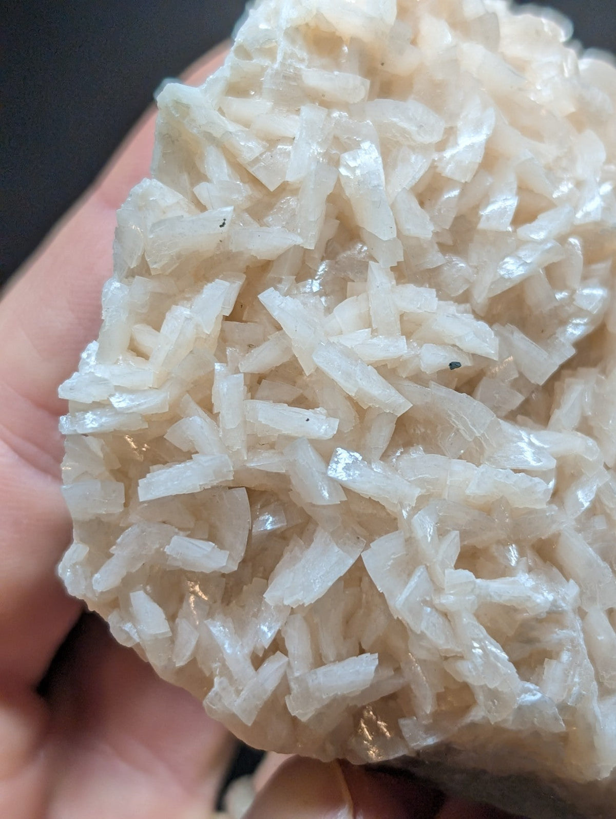 A translucent white crystalline mineral specimen with a dense, interlocking cluster of elongated prismatic crystals.