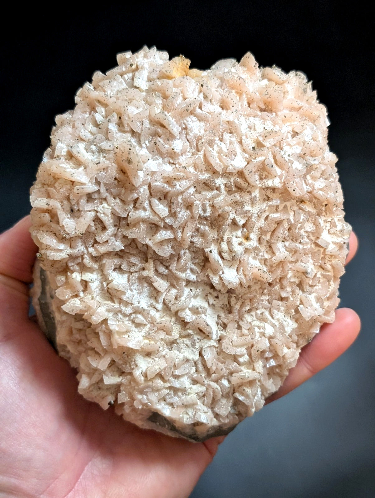A textured, pale beige mineral specimen with a rough, crystalline surface held in someone’s hand.