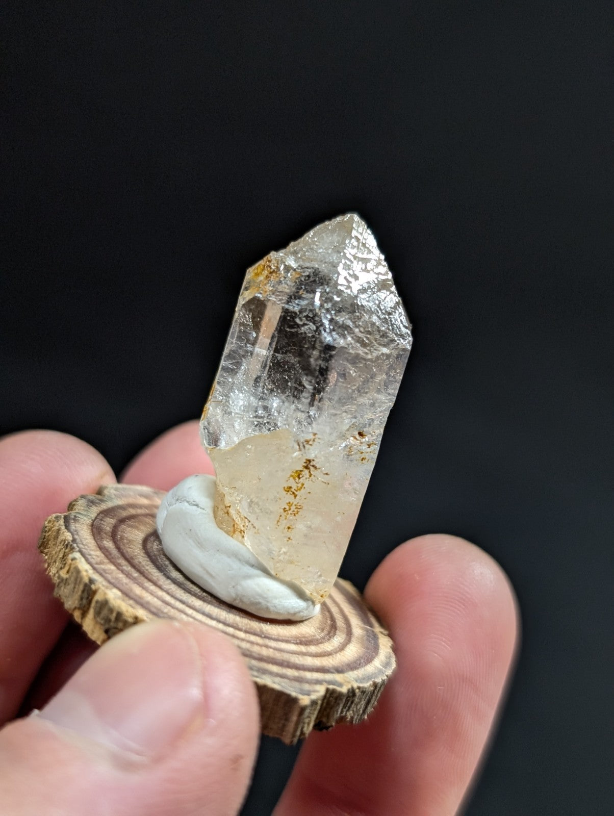 A translucent, clear quartz crystal with golden inclusions and a pointed tip rests on a small white stone atop a circular wooden slice.