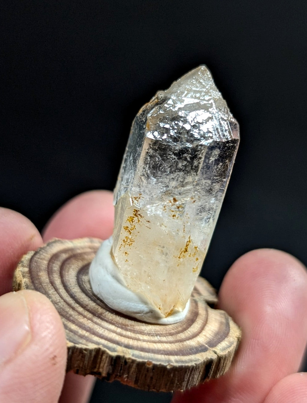 A translucent, clear quartz crystal with golden inclusions and a pointed tip, displayed on a rustic wooden slice.