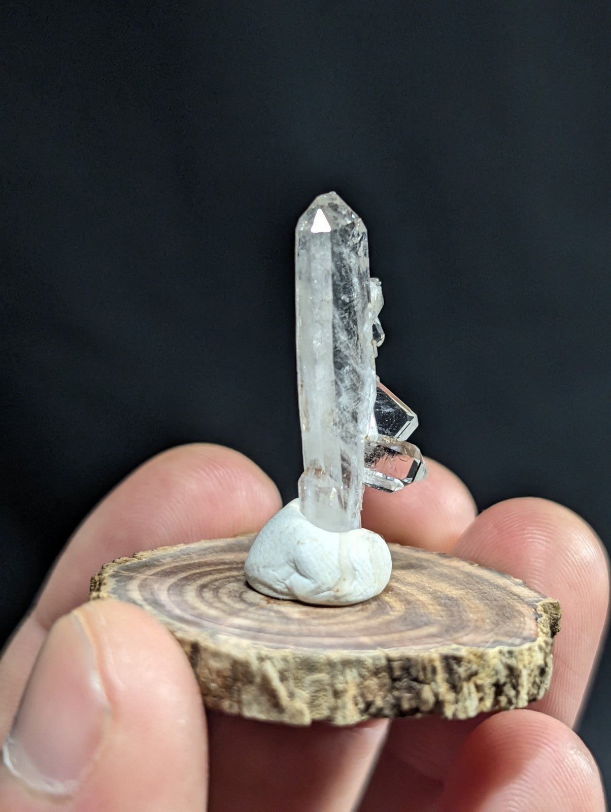 A clear quartz crystal with a pointed tip and natural facets, mounted on a small white base atop a rustic wooden slice.
