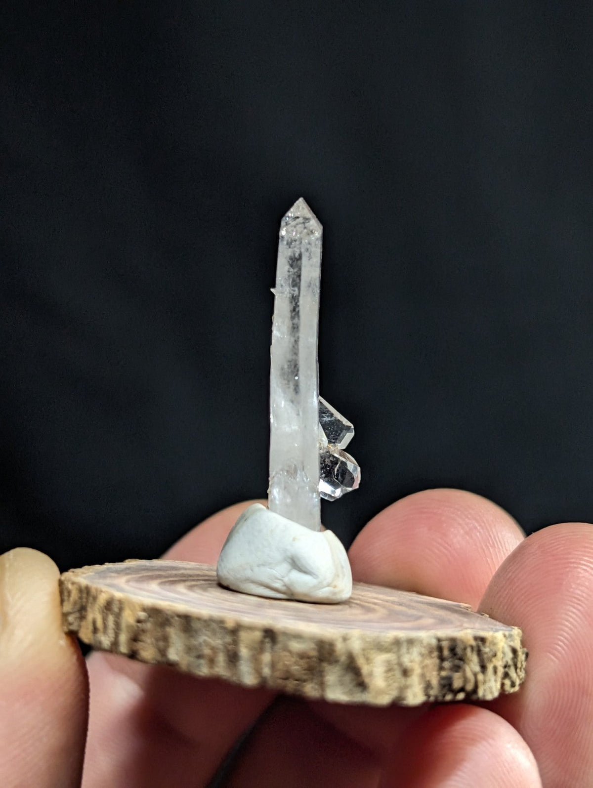 A clear quartz crystal with a pointed tip and small attached facets stands upright on a light gray, rounded base that rests upon a circular slice of wood.