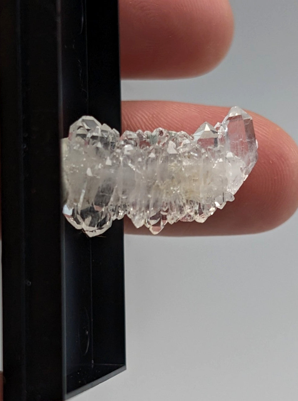 A clear translucent faden quartz crystal cluster with sharp faceted points mounted in a photo case from saline county arkansas usa