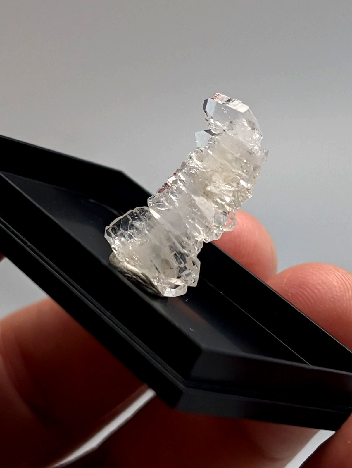 A+ faden quartz crystal cluster with translucent clear quartz, jagged edges, in photo case mount from saline county arkansas usa