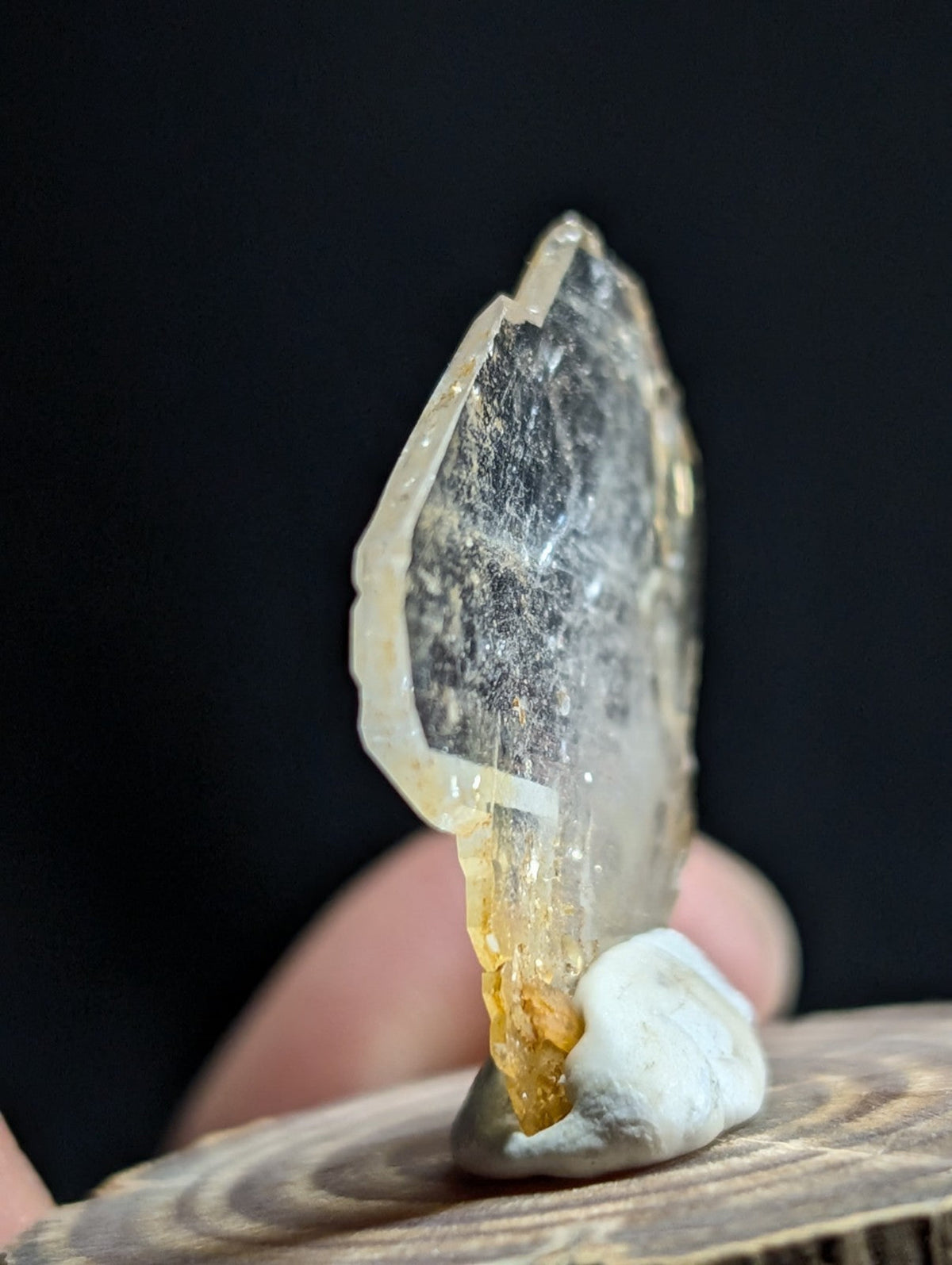 A translucent, pale yellow crystal with a pointed tip and visible internal inclusions stands upright on a small white stone base.