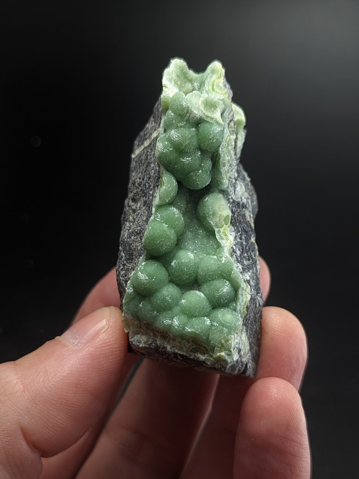 A hand holds a dark gray rock with clusters of smooth, light green spherical crystals growing from its surface.