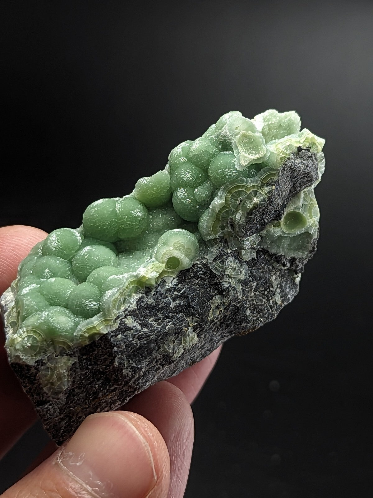 A vibrant green, translucent mineral specimen featuring rounded, bubble-like formations clustered atop a dark gray rock base.
