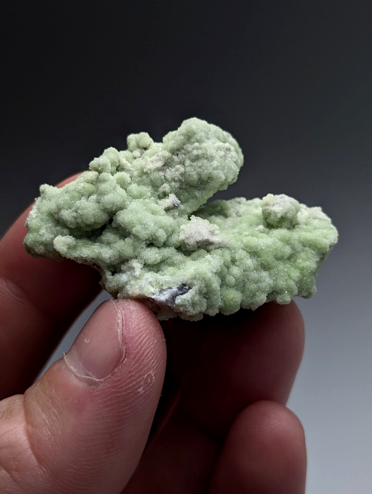 A pale green fluorwavellite mineral with crystalline fuzzy texture intermixed with sio2 held in hand from mauldin mountain arkansas