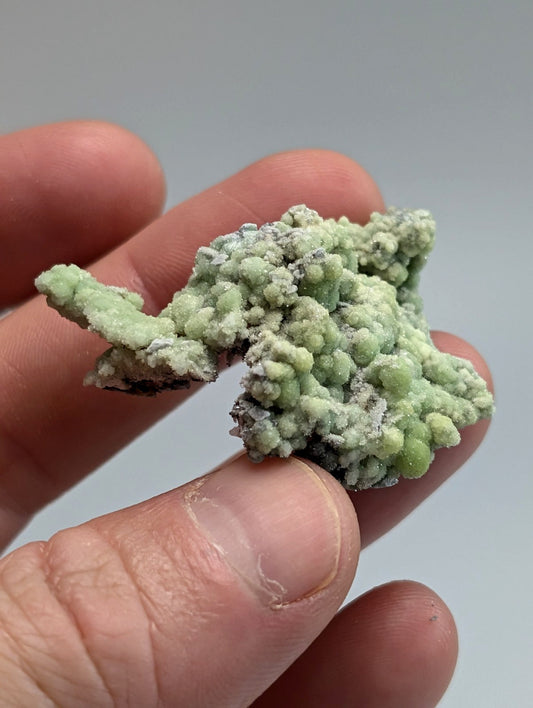 A delicate, light green mineral specimen with a textured, bumpy surface and subtle grayish patches.