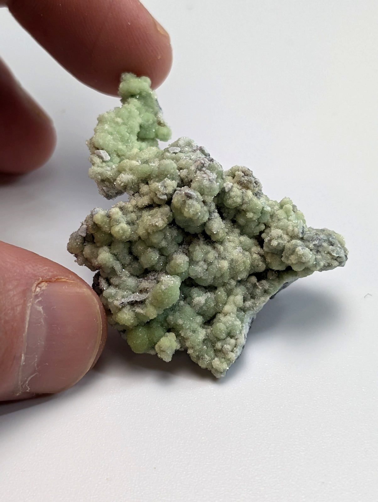 A pale green, textured mineral specimen with a bumpy, clustered surface and hints of grayish tones.