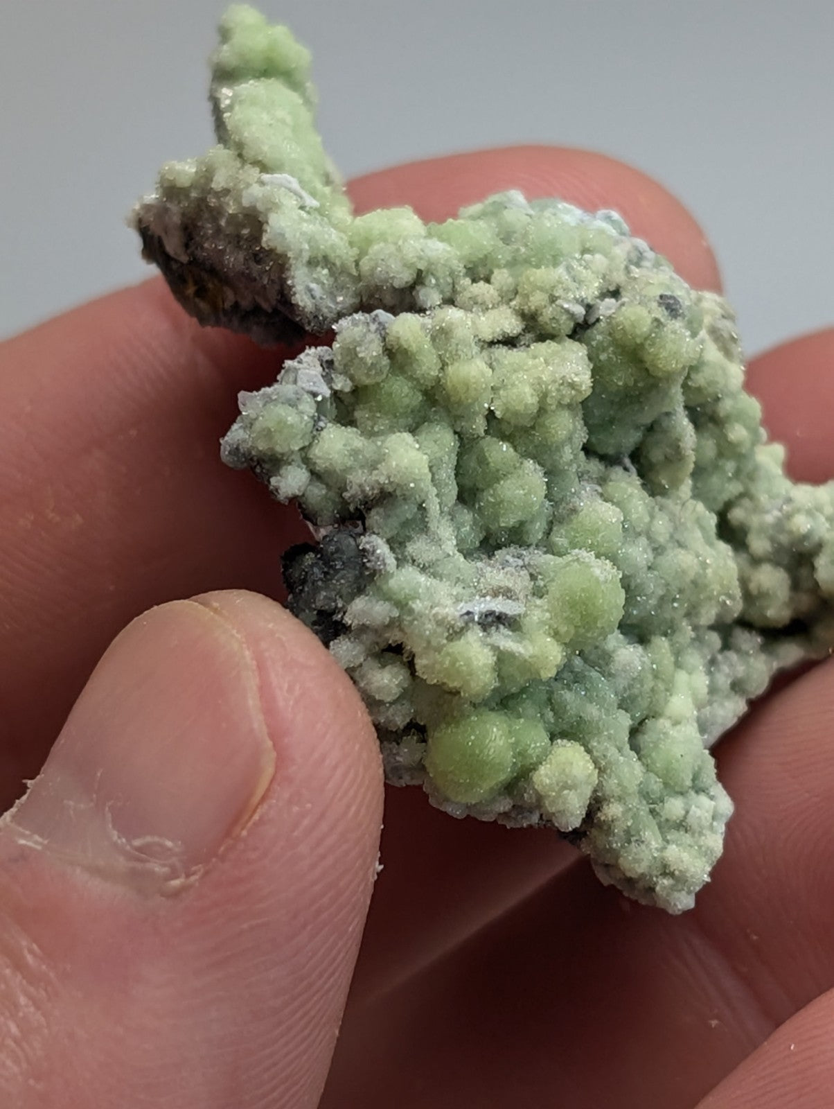 A pale green, crystalline mineral specimen with a textured surface and small rounded growths.