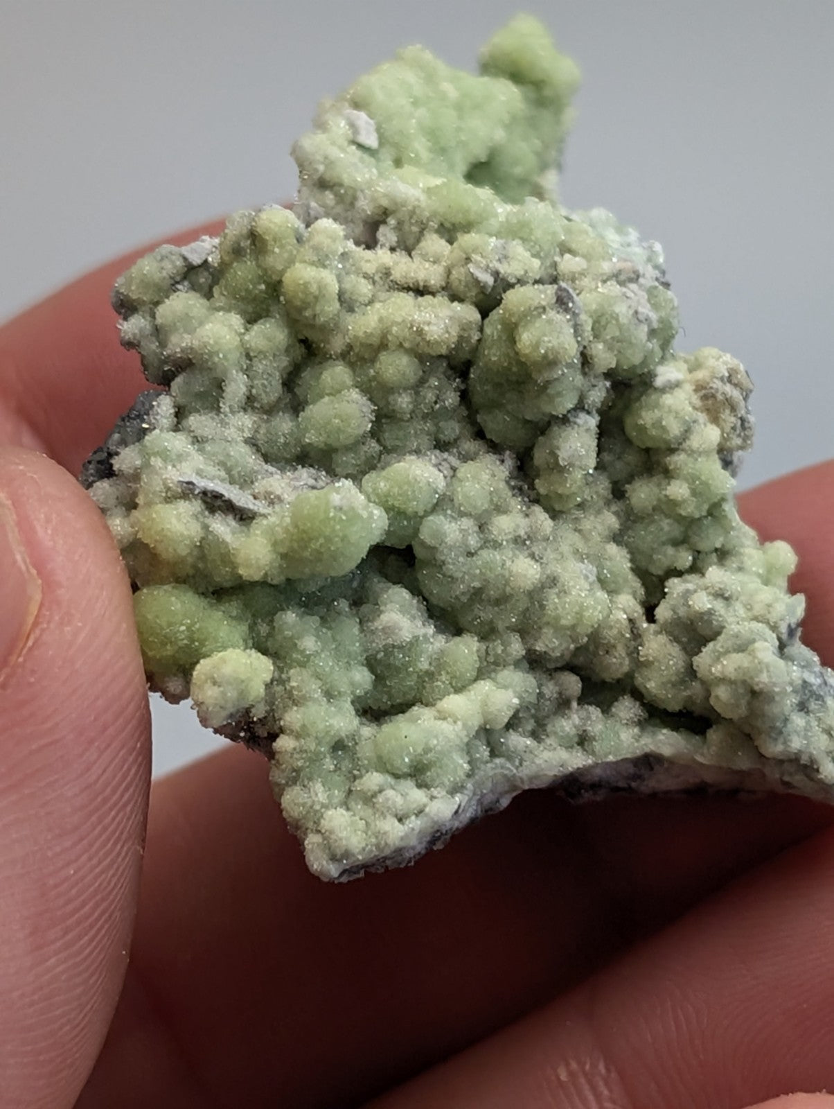 A hand holds a light green, textured mineral specimen with rounded crystalline formations and some darker grayish patches.