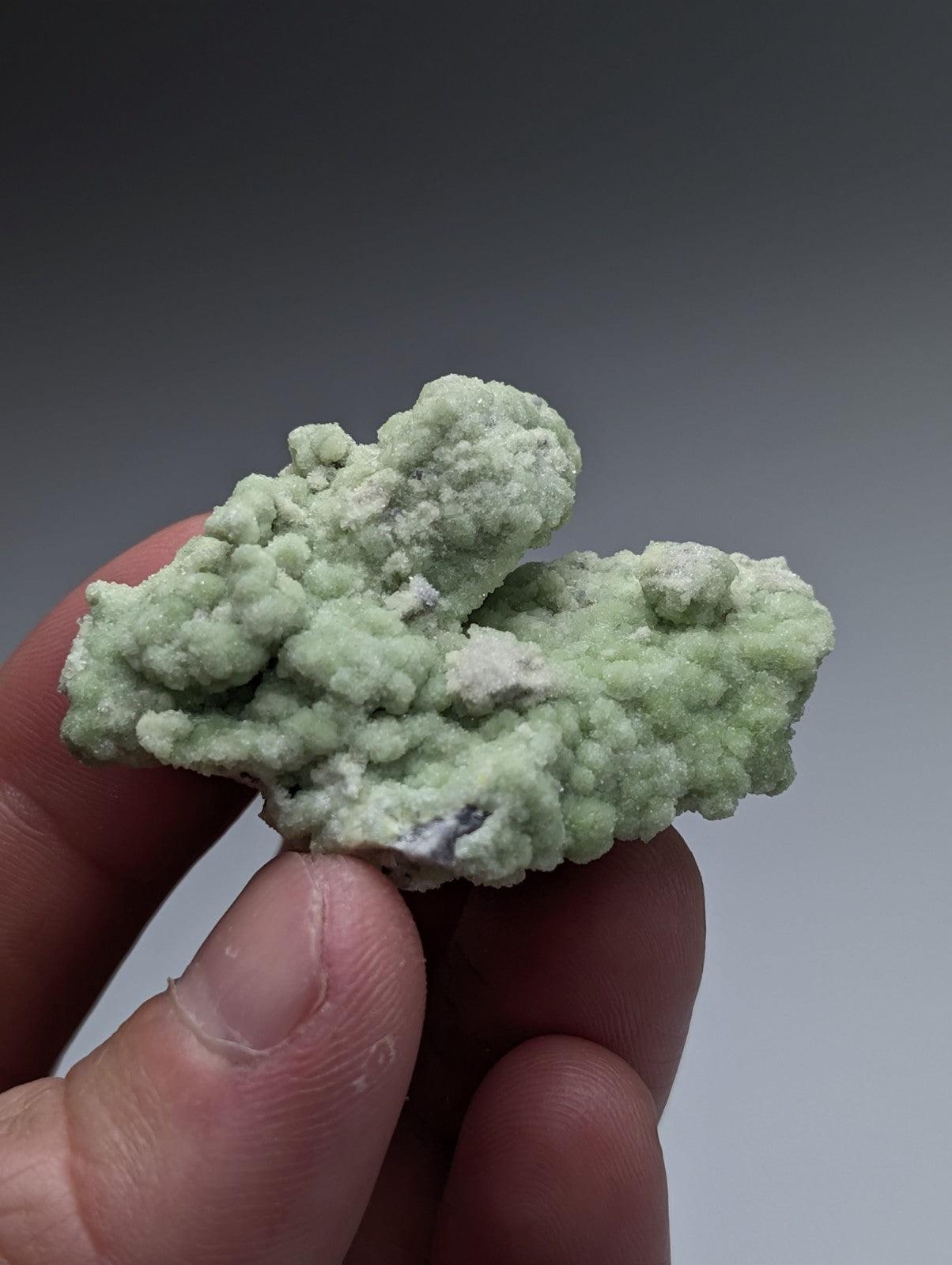A pale green fluorwavellite mineral specimen intermixed with siO2 with crystalline cloud-like texture held in hand