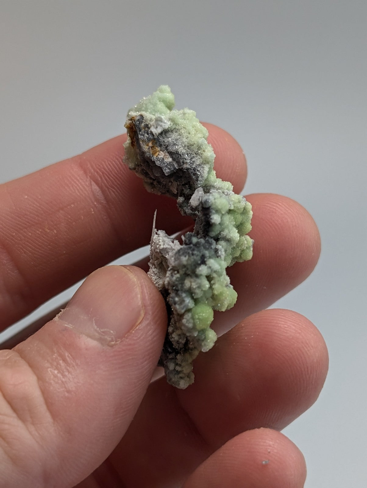 A hand holds a delicate, light green mineral specimen with intricate crystalline formations and subtle grayish patches.