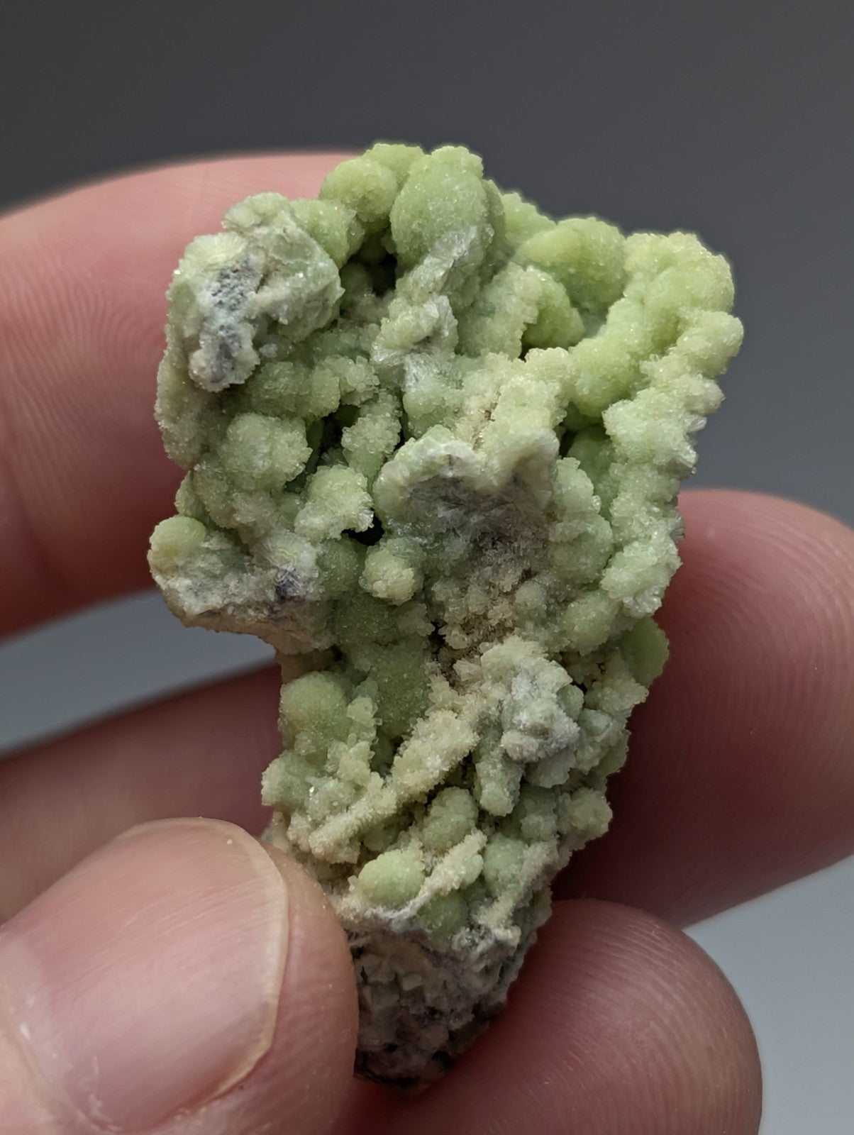 A pale green fluorwavellite mineral specimen with a crystalline textured surface intermixed with SiO2 from Mauldin Mountain Arkansas held between fingers