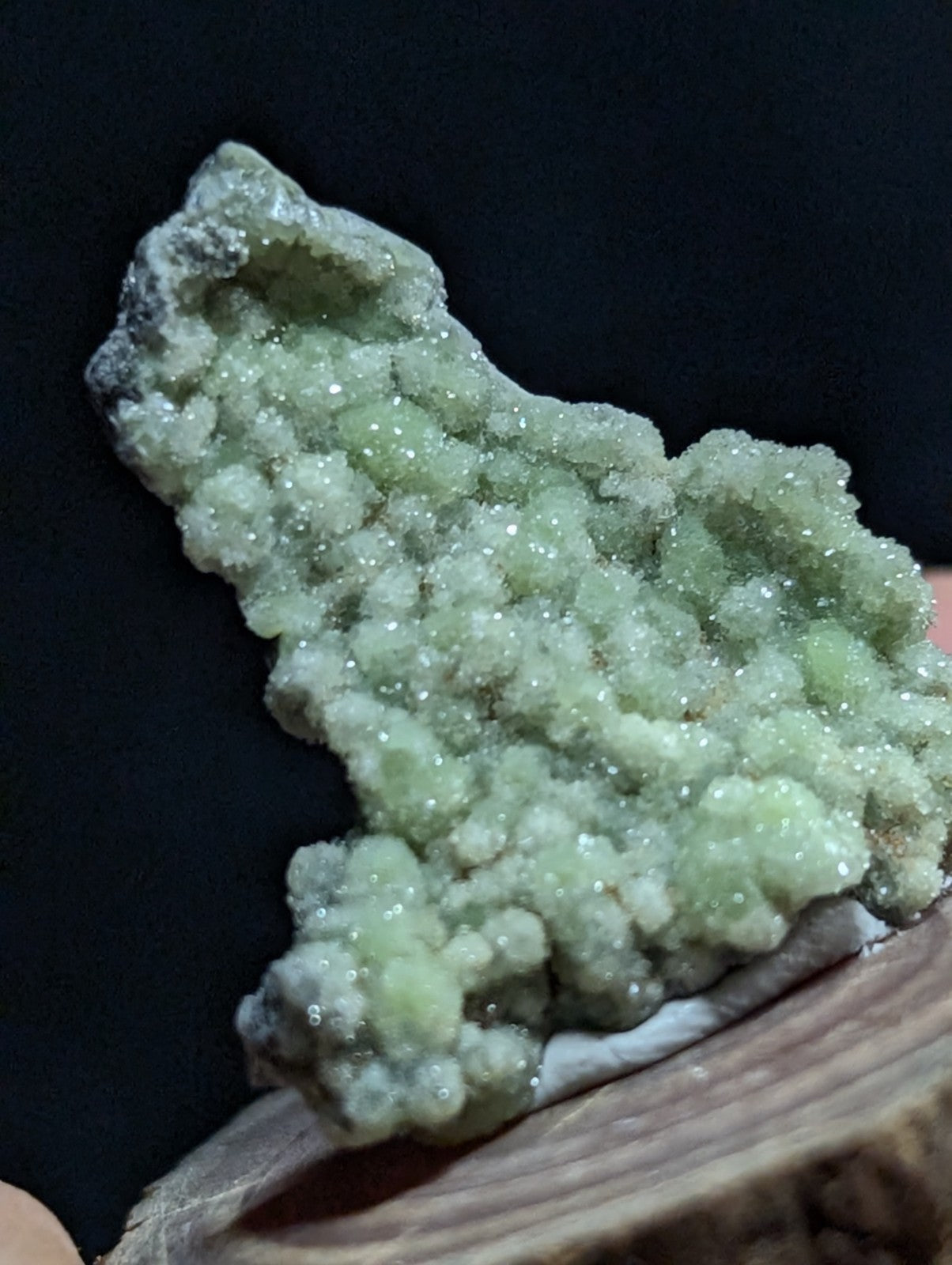 A pale green, crystalline mineral specimen with a textured, bubbly surface and subtle translucency.