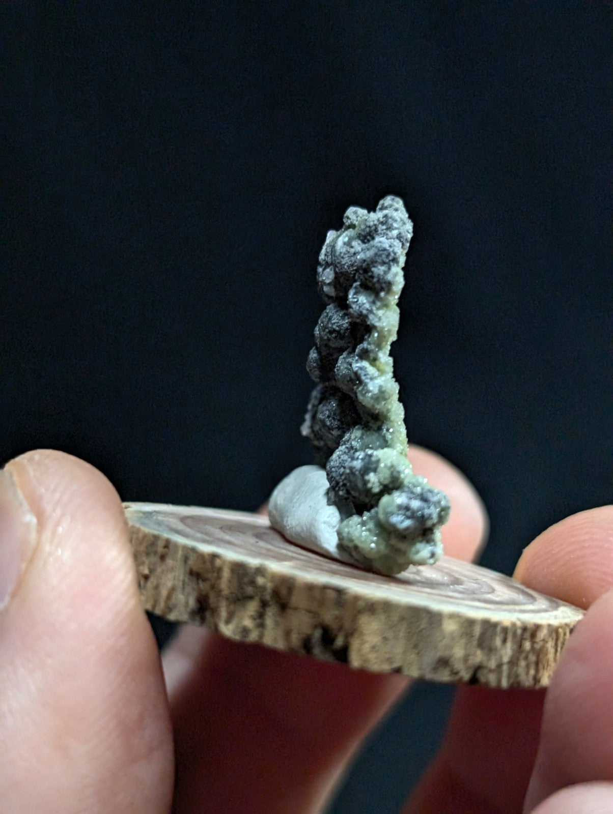 A miniature, textured mineral specimen with a mossy green and dark gray crystalline structure mounted on a rustic wooden slice.