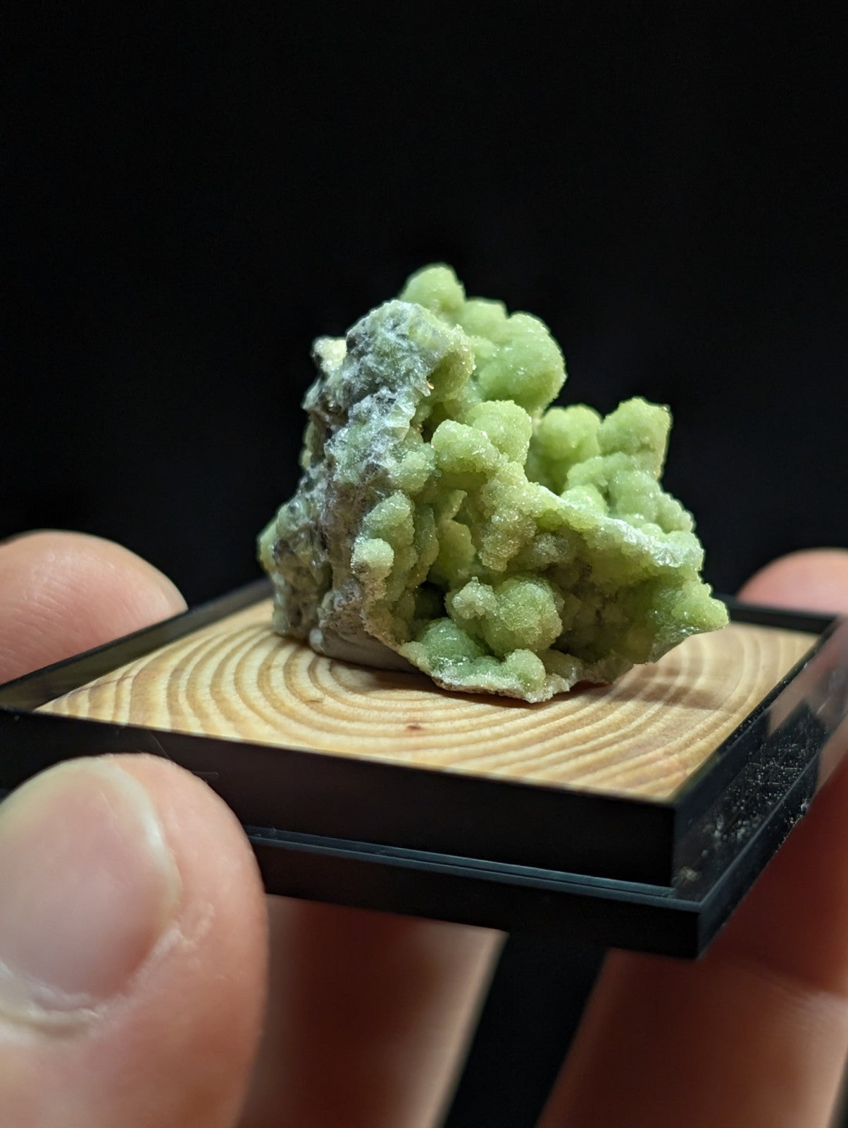 A vibrant green, textured mineral specimen with a crystalline, bubbly surface rests on a wooden display base.