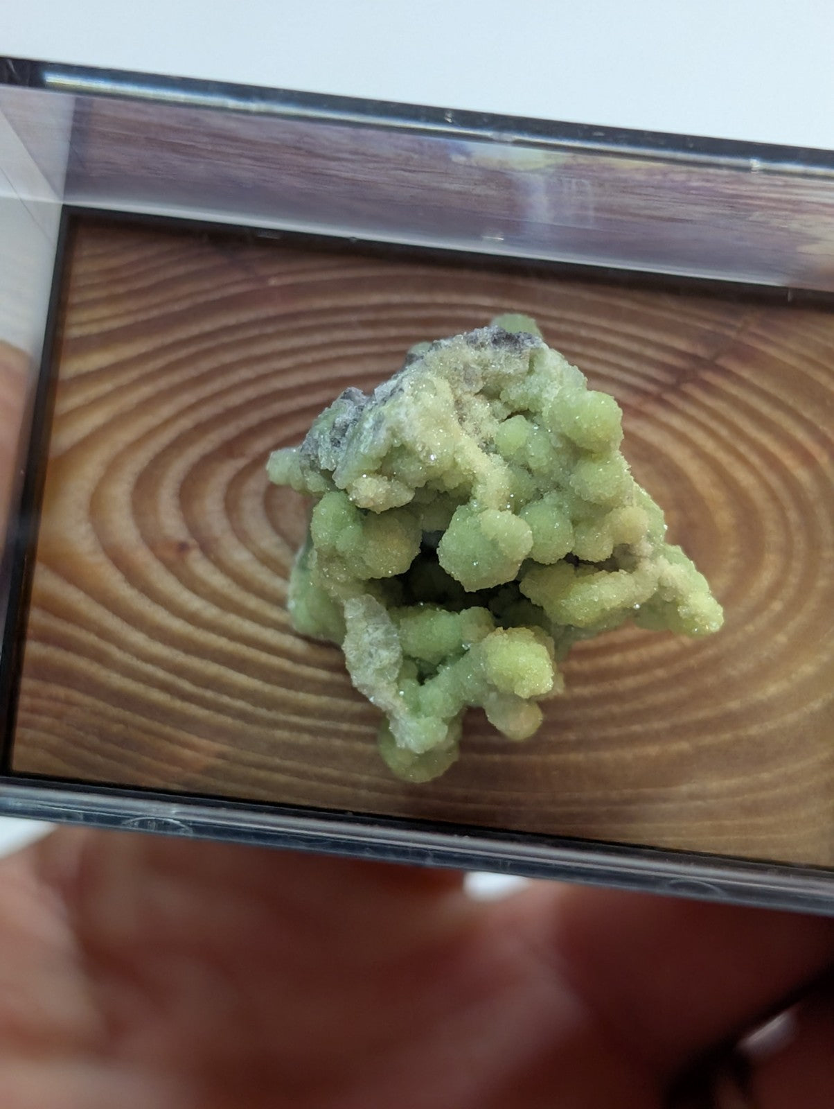 A pale green, crystalline mineral specimen with a rough, branching texture and some darker grayish patches.