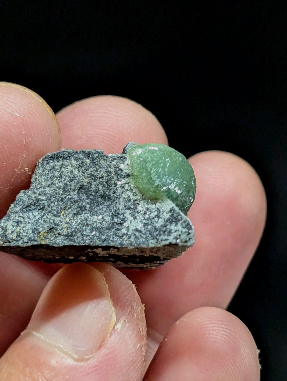 A smooth, translucent green gemstone nestled atop a rough gray rock.