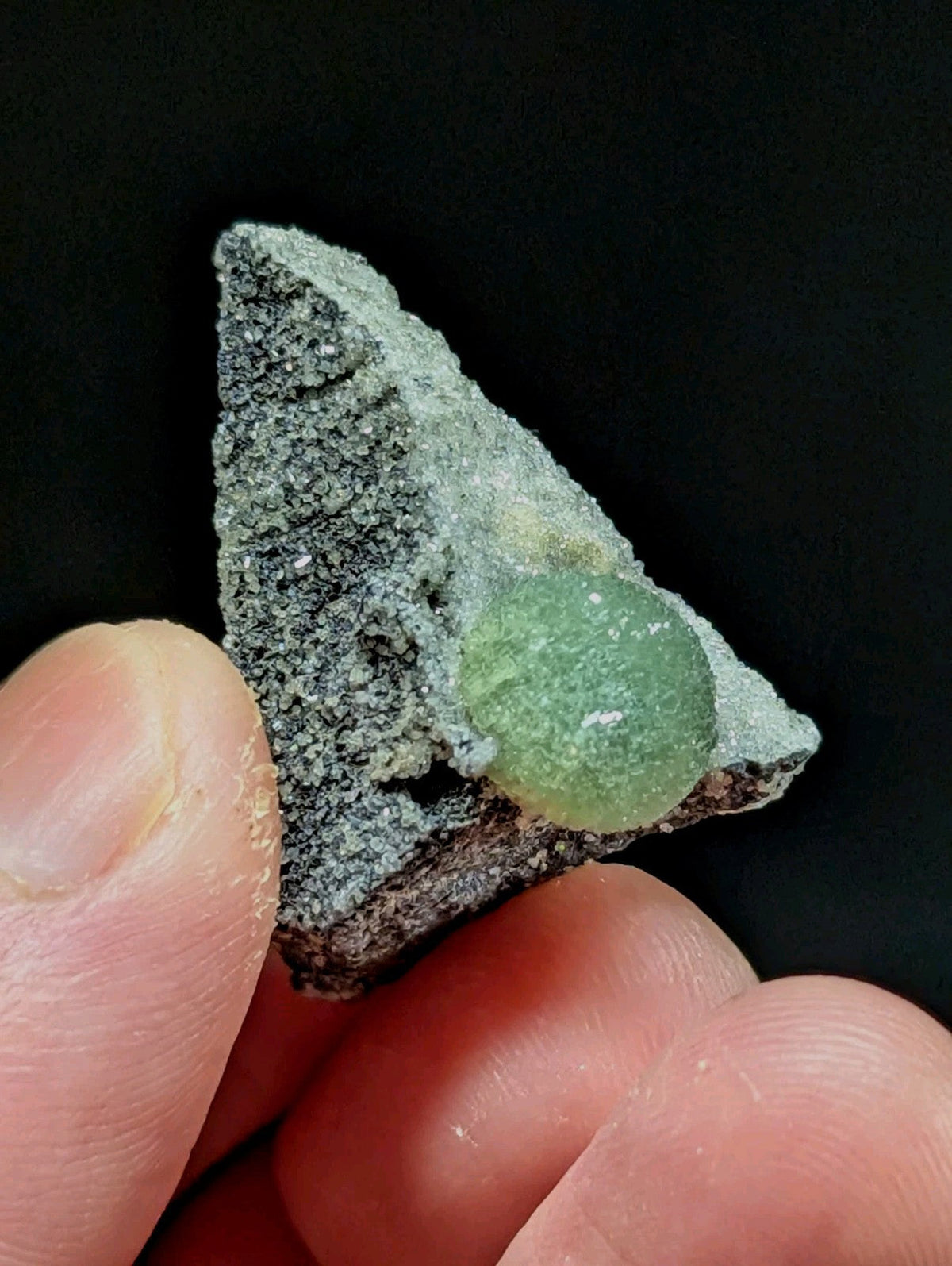 A translucent green gemstone nestled within a textured gray rock matrix.