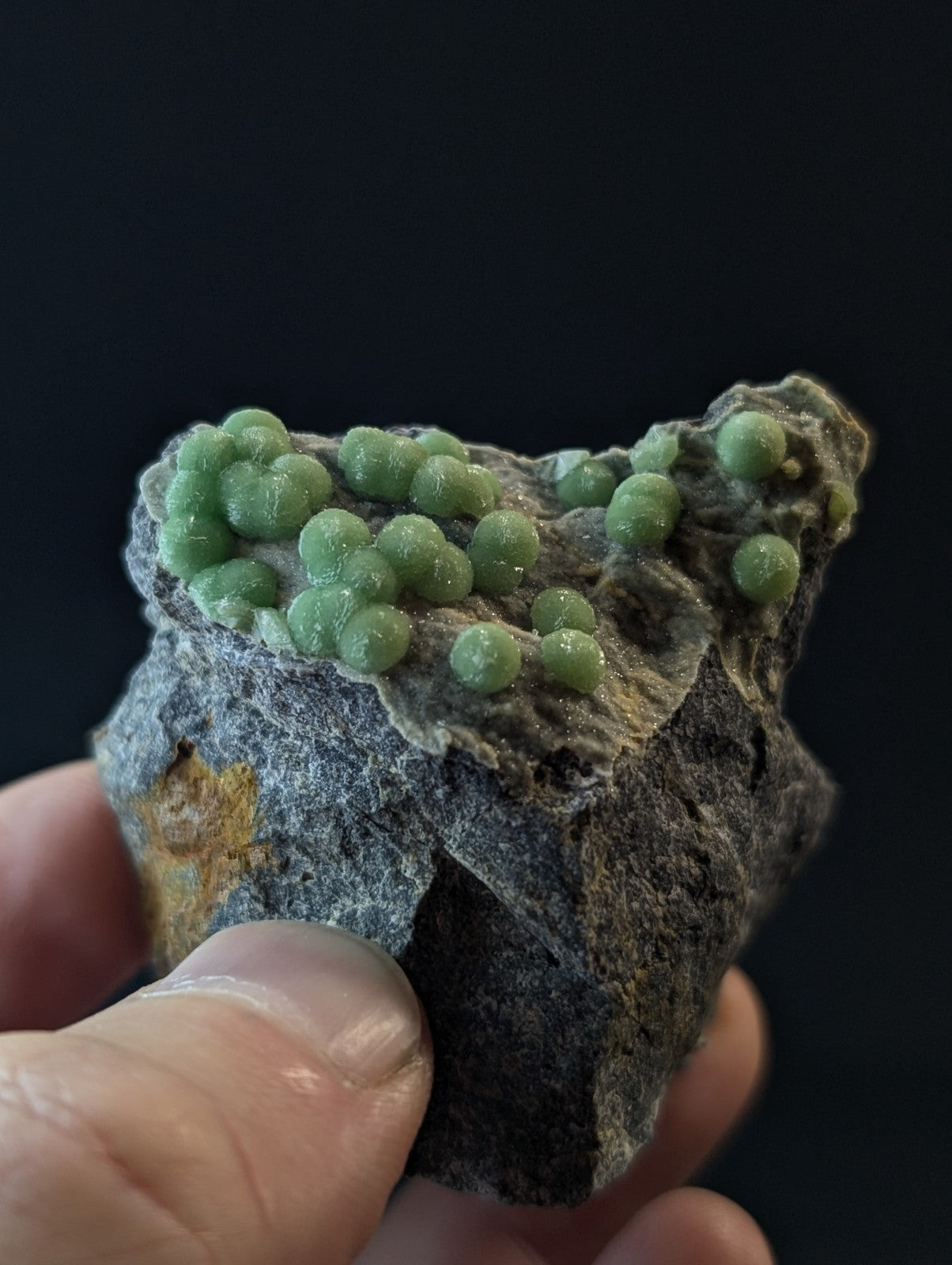 A hand holds a dark gray rock specimen featuring clusters of small, round, translucent green gemstones.