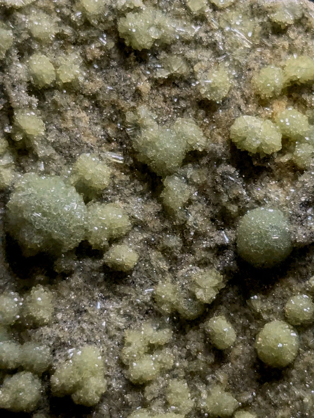 Green crystalline mineral formations on a dark, granular rock surface.