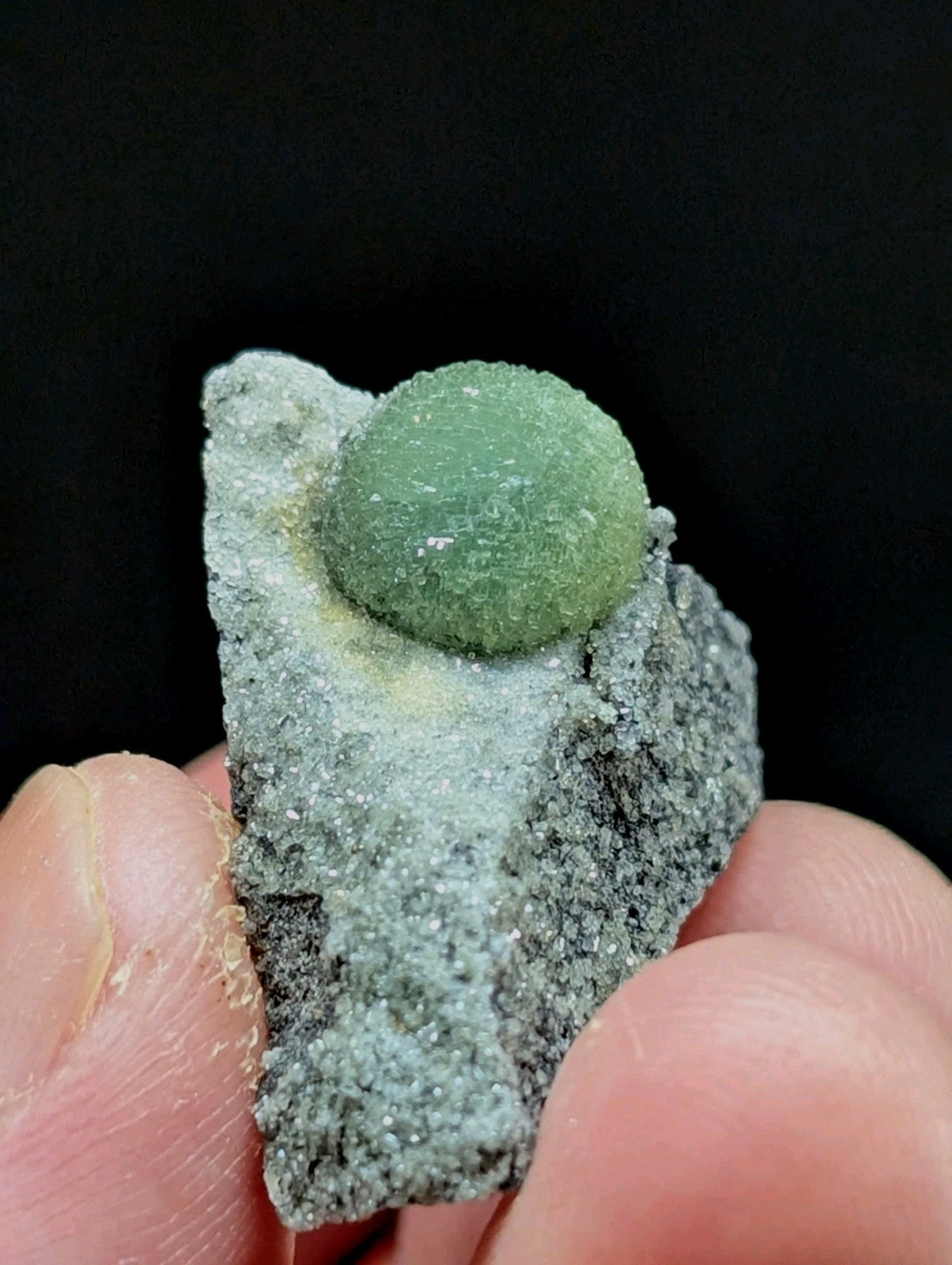 A smooth, round green gemstone nestled in a rough gray rock matrix.