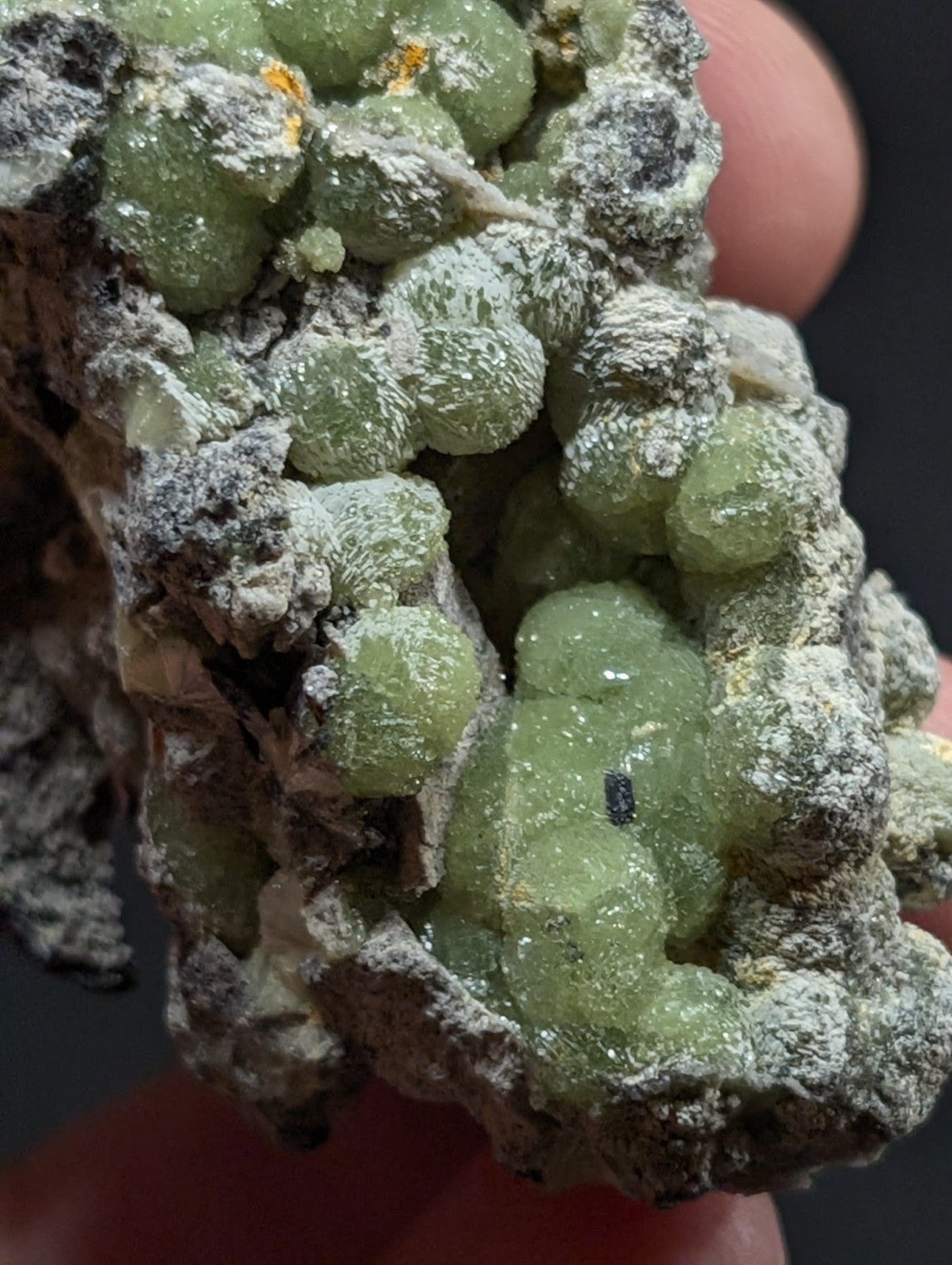 A cluster of translucent green spherical crystals embedded in a rough, grayish matrix.