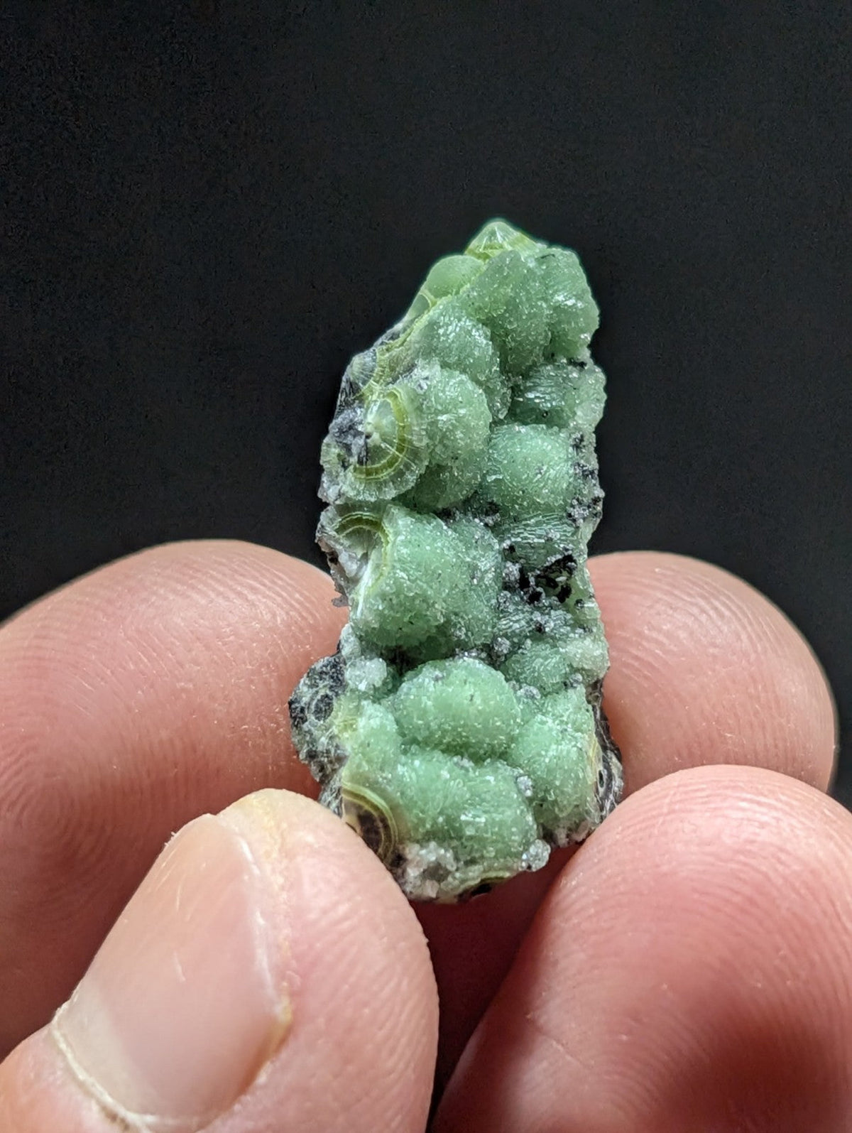 A green, textured mineral specimen with rounded, bubble-like formations and a rough, crystalline surface.